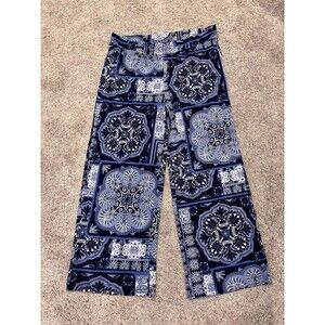 Chico's Wide Leg Palazzo Pull-on Pants Size 3/LG Blue & White Stretch Resort